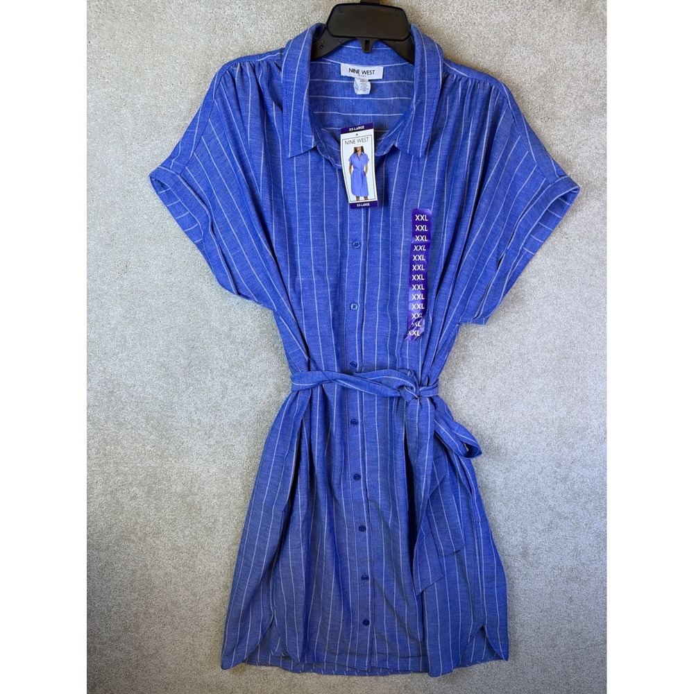 Nine West Shirt Dress Womens XXL Blue Striped Belted Short Sleeve Coastal NEW
